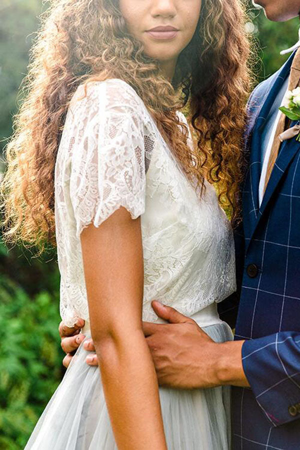 Two-Piece Country Style Wedding Dress with Lace Top and Tulle Skirt - JLDressCA US6 / Custom Color Two-Piece Country Style Wedding Dress with Lace Top and Tulle Skirt - JLDressCA US6 / Custom Color