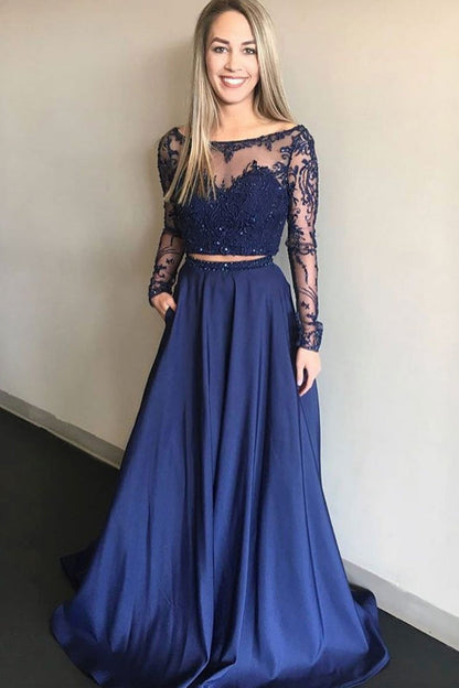 A-Line Navy Blue Lace Two-Piece Prom Dress, Bridesmaid Dress with Long Sleeves, BD2303050