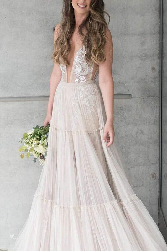 Bohemian Tulle A-Line Wedding Dress with Appliqued V-Neckline, WD23022358