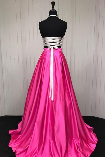 Two-Piece Hot Pink A-Line Halter Prom Dress, PD23030217