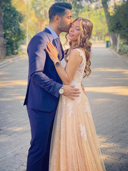 V-Neck Champagne Lace Prom Bridesmaid Dresses, Champagne Lace Formal Evening Dresses , BD23031213