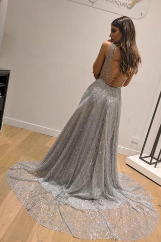 Silver Lace Backless V-Neck A-Line Prom Dress, PD23033117