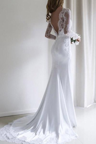 White Long Mermaid Lace Wedding Dress with Long Sleeves and Train, WD23022716
