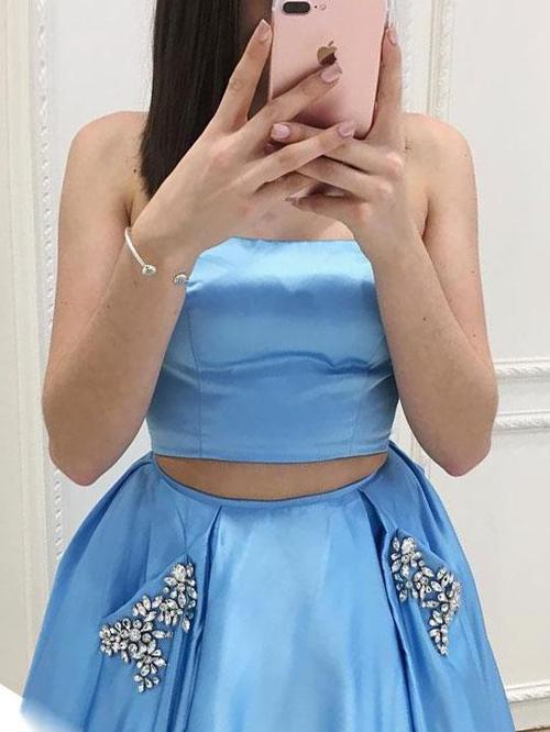 Blue A-line Strapless Two Piece Prom Dress with Pocket, PD2302223