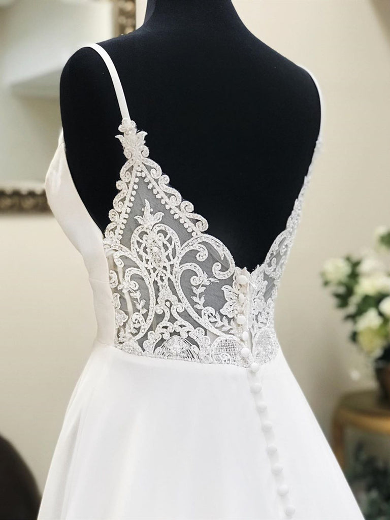 A-Line V-Neck White Wedding Dress with Lace Back, WD2302261