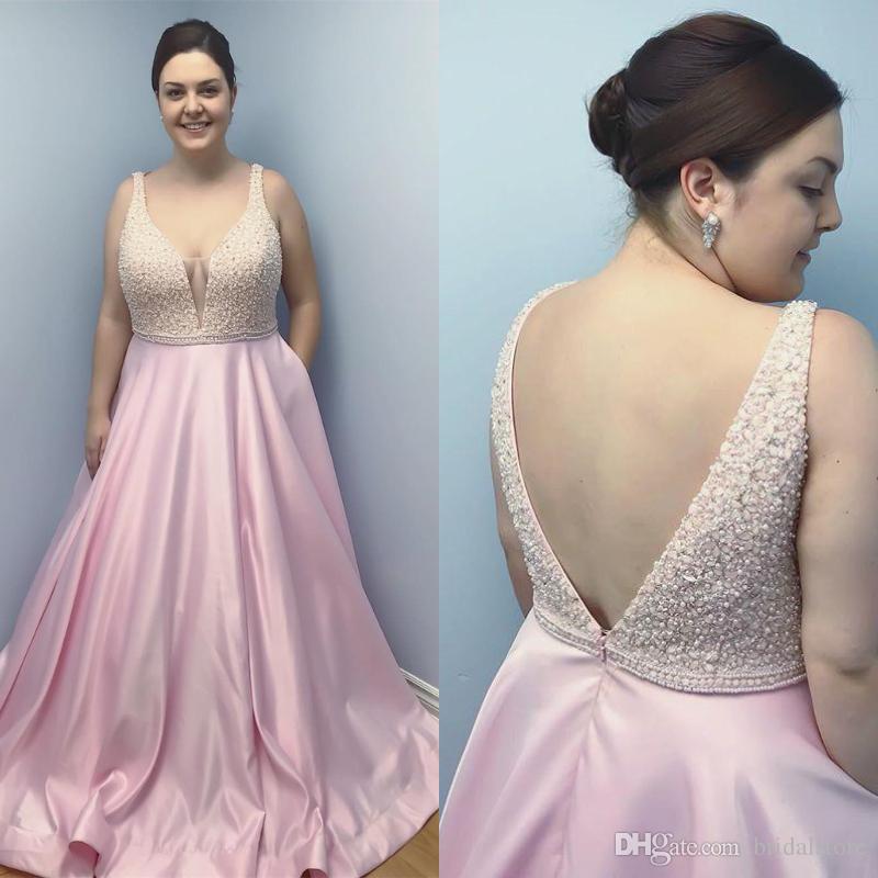Plus Size A-Line Backless Sleeveless White Beaded Pink Satin V-Neck Prom Dress, PD2303232