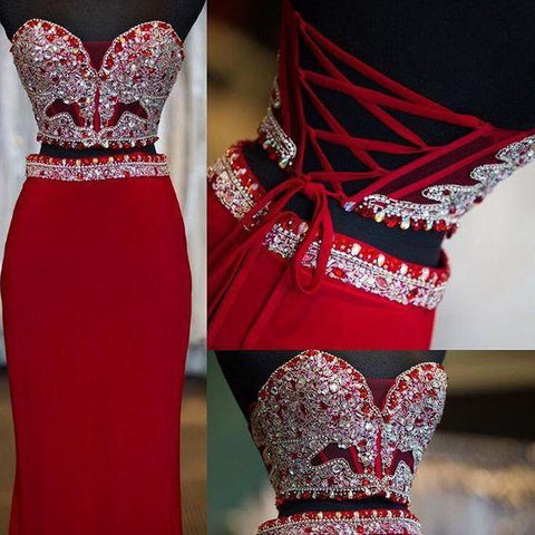 Beaded Red Two-Piece Mermaid Long Prom Dress with Lace Up Back, PD23030321