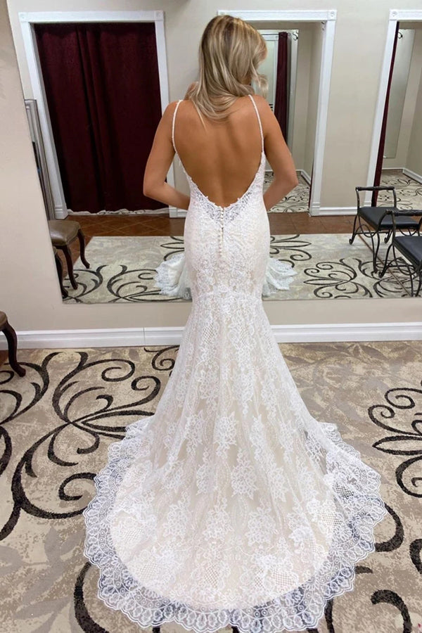 Trumpet Mermaid Wedding Dress with Spaghetti Straps, Lace, and Open Back, WD23022816