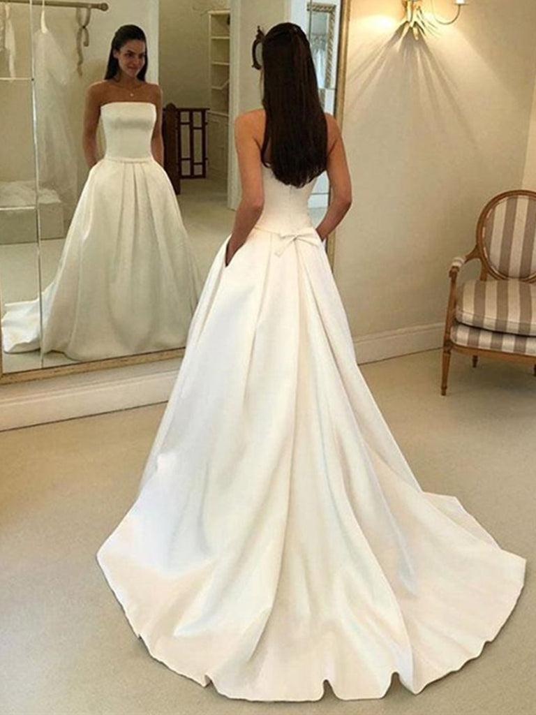 Strapless White Satin Wedding Dress, WD2302269