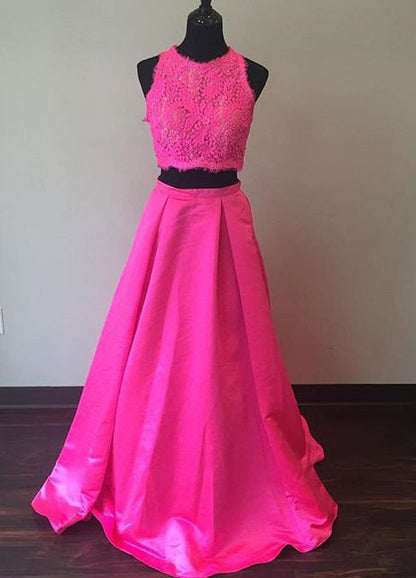 Glamorous Sleeveless Pink Lace 2-Piece Prom Dress, PD23022243