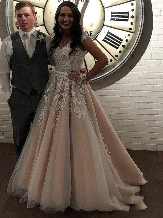 Dusty-Rose Applique Beaded Tulle A-Line Prom Dress, PD2303225