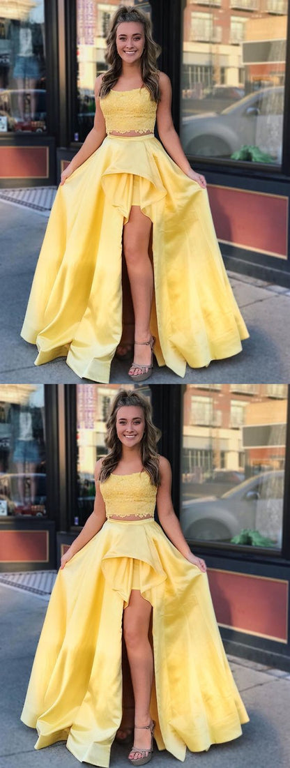 High-Low Yellow Lace 2 Piece Graduation Dress, PD2303011