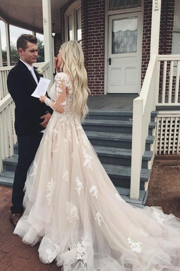 Elegant Champagne Lace Wedding Dress with Long Sleeves - JLDressCA Custom Size / Custom Color Elegant Champagne Lace Wedding Dress with Long Sleeves - JLDressCA Custom Size / Custom Color