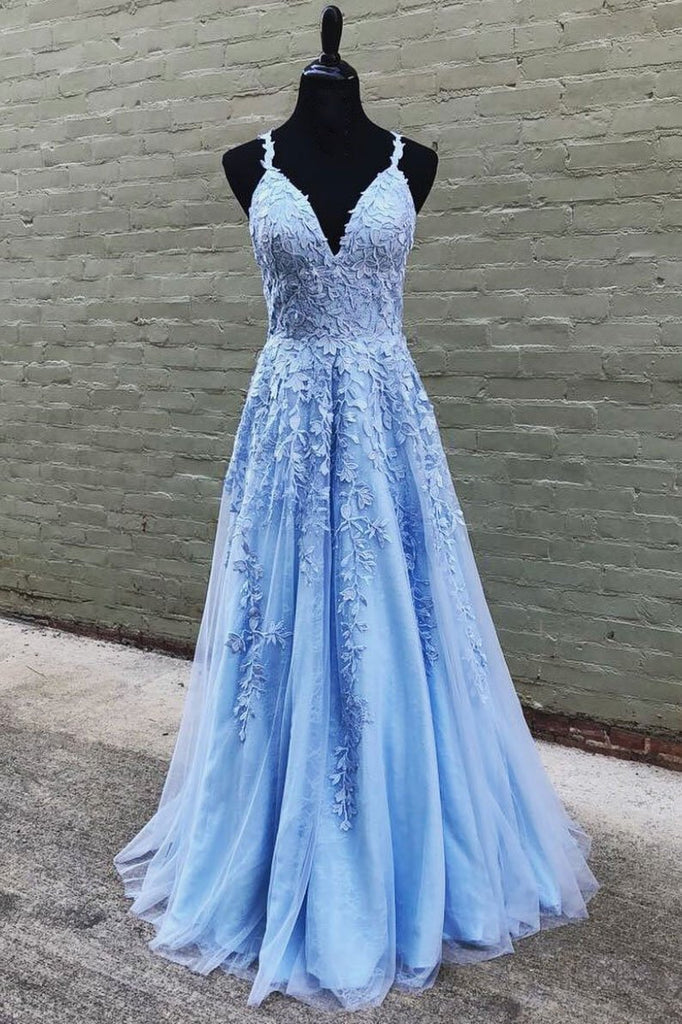 V-Neck Long Blue Lace Prom Dresses, Blue Long Lace Formal Evening Bridesmaid Dresses, BD23031216
