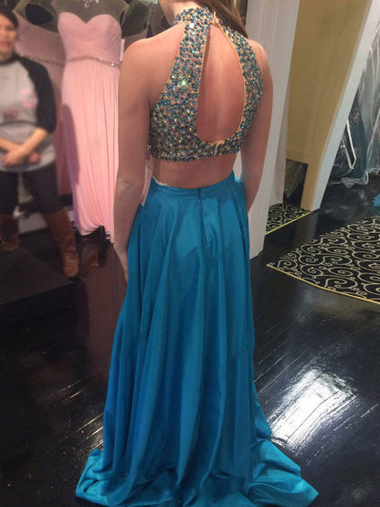 Elegant High-Neck A-Line Satin Blue 2-Piece Prom Dress with Beading, PD23022242