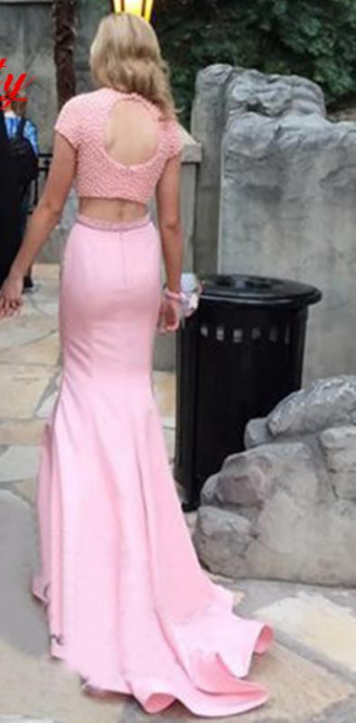Pink Satin Beaded Two-Piece Prom Dress, PD2303028
