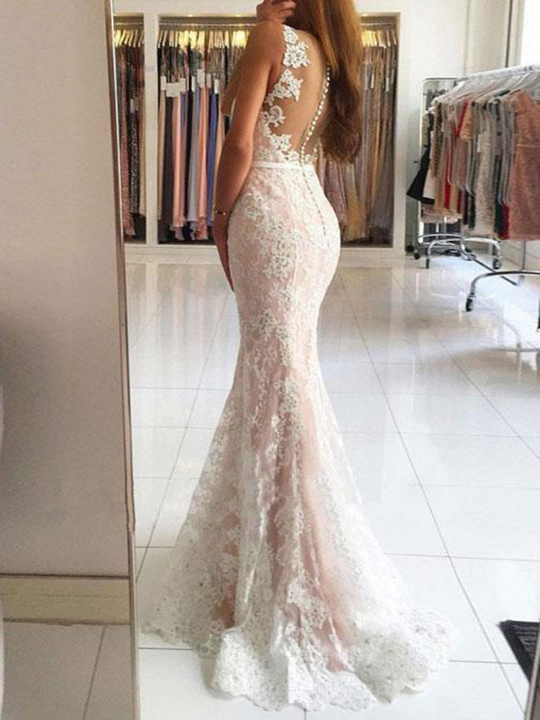 V-Neck Mermaid Lace Champagne Bridesmaid Dresses - JLDressCA V-Neck Mermaid Lace Champagne Bridesmaid Dresses - JLDressCA