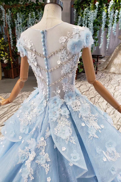Light Sky Blue Floral Ball Gown Dress with Beads, PD23022220