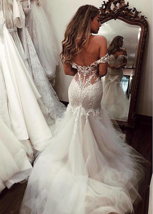 Vintage Mermaid Lace Wedding Dress with Off-Shoulder Neckline , WD23022399