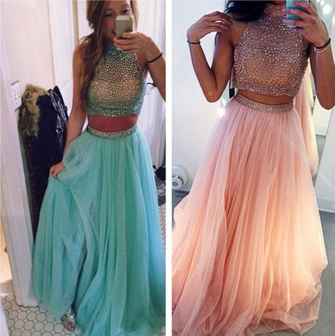 Two-Piece A-Line High Neck Sleeveless Long Prom Dress with Beading, PD2303046