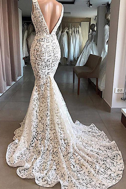Vintage Ivory Lace Mermaid Wedding Dress with V-neck and Open Back, WD2303089