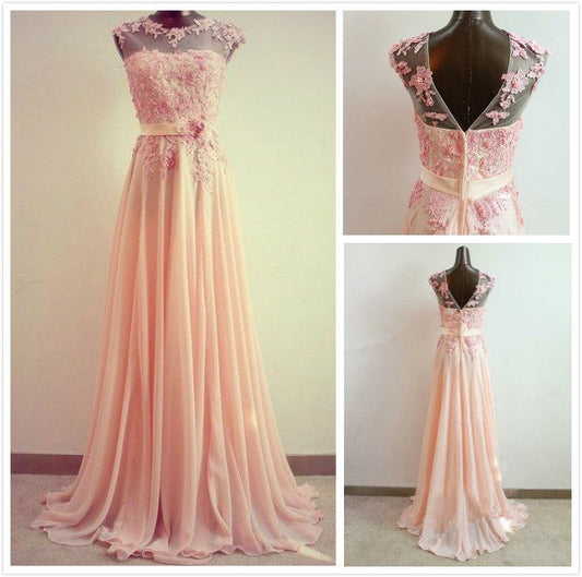 Coral Round Neckline Lace Prom Dress with Sweep Train, Formal Bridesmaid Dress, BD2303117