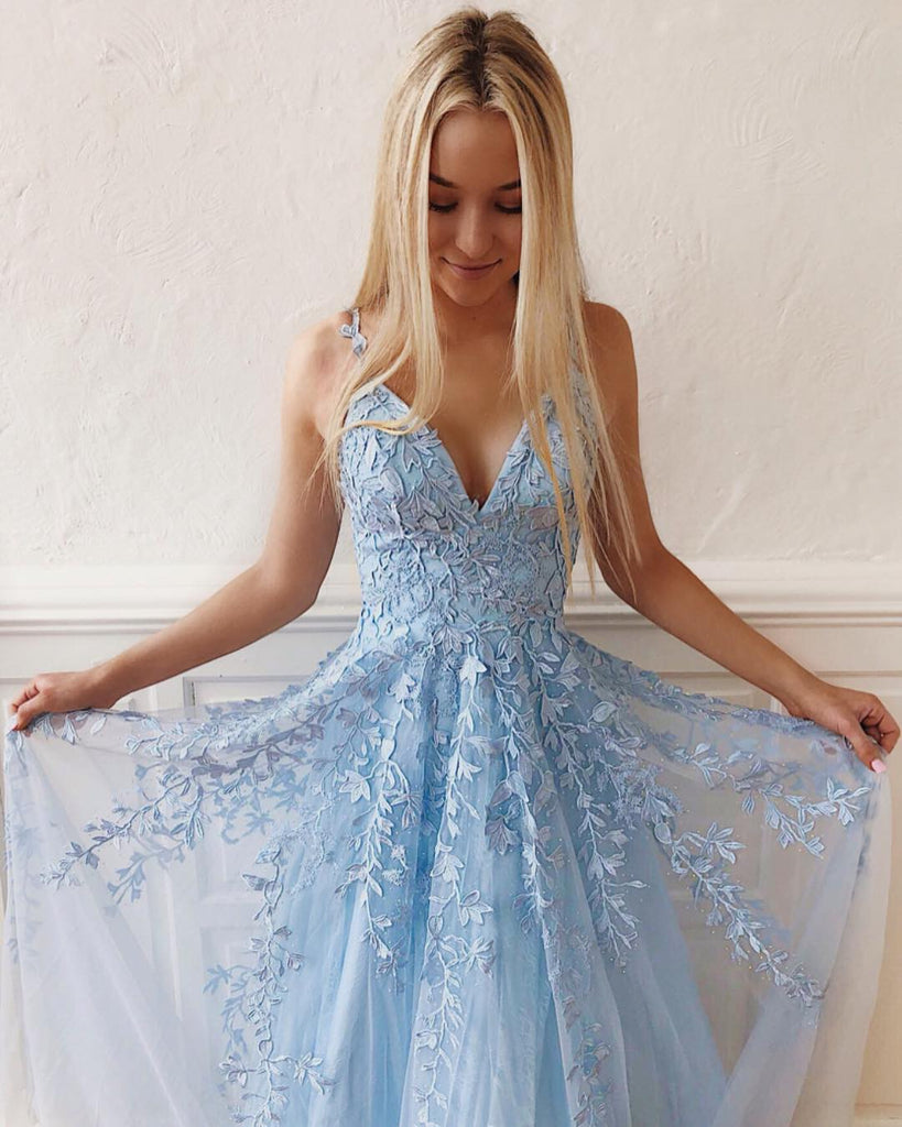 V-Neck Sky Blue Lace Prom Dresses Long, Blue Long Lace Bridesmaid Dresses, Formal Evening Dresses, BD23031217