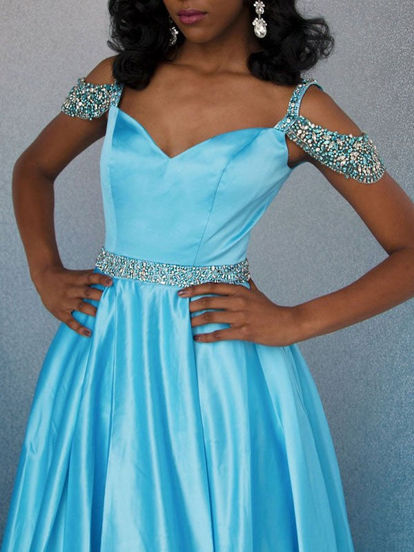 Blue Beaded A-Line Prom Dress with Sweetheart Neckline and Off-the-Shoulder Design, PD2303154