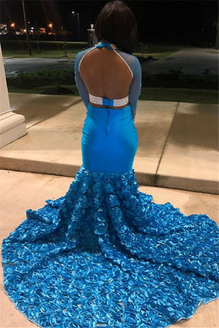 Blue Rose V Neck Backless Mermaid Prom Dress with Long Sleeves, PD2304102