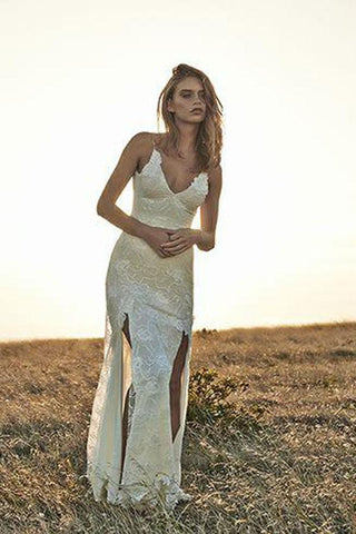 Ivory Boho Lace Off-the-Shoulder Beach Wedding Dress with Front Split, WD2303232