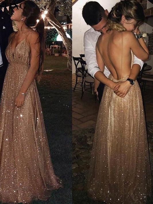 Shiny Champagne A-Line Prom Dress with V-Neck and Side Slit, PD23030317