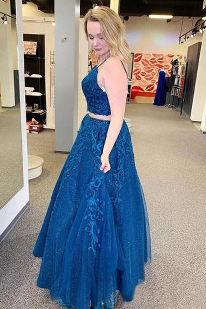 Sparkly Blue Two-Piece Appliqued Evening Dress with Spaghetti Straps, PD2303045