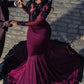 Burgundy Satin Mermaid Long Sleeve Scoop Neck Backless Applique Beaded See-through Prom Dress, PD23031316