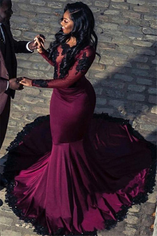 Burgundy Satin Mermaid Long Sleeve Scoop Neck Backless Applique Beaded See-through Prom Dress, PD23031316