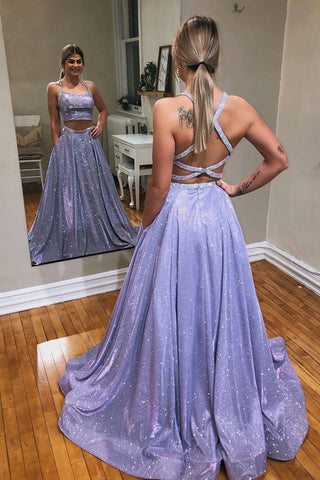 Lavender Tulle A-Line Two-Piece Prom Dress with Sparkling Appliques, PD23030323