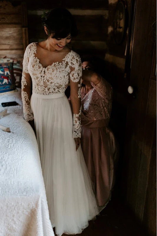 Rustic A-line Wedding Dress with Bateau Neckline and Long Lace Sleeves, WD23022384