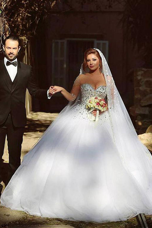 Vintage Ball Gown Tulle Wedding Dress with Long Sleeves and Beadings, WD23041117