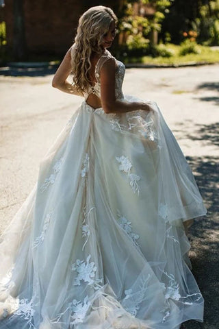 Backless Boho Beach Wedding Dress with Floral Applique, WD2303080