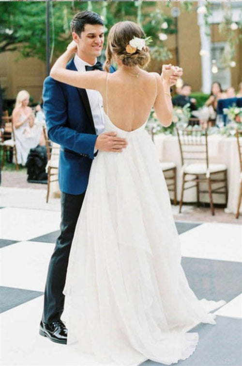 Ivory V-neck Backless Wedding Dress with Spaghetti Straps and Lace Details, WD23022395