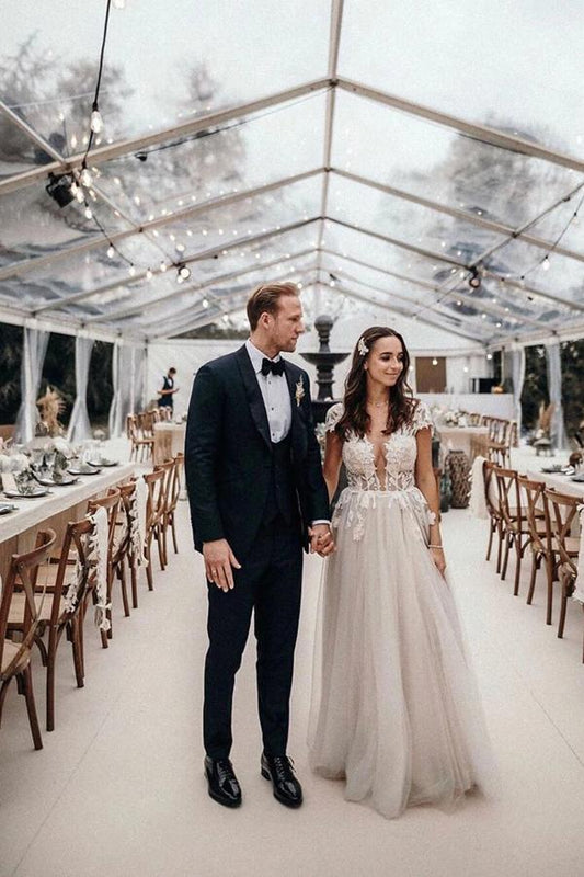 Rustic A-Line Wedding Dress with Cap Sleeves, Deep V-neckline, and Lace Appliques, WD23022376