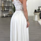 Burgundy White Lace High Neck Sheath Chiffon Prom Dress with Sleeveless Design, PD2303158