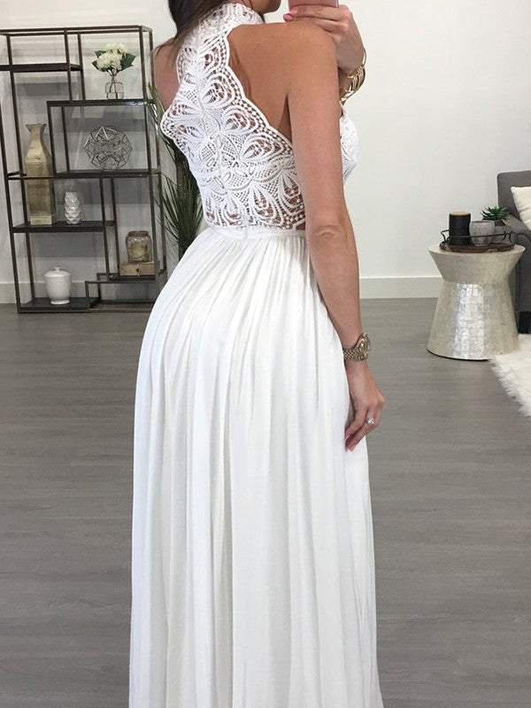 Burgundy White Lace High Neck Sheath Chiffon Prom Dress with Sleeveless Design, PD2303158