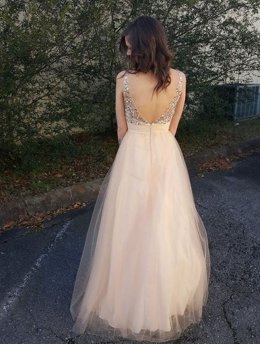 Peach Beaded Tulle Backless A-Line Prom Dress, PD23030149