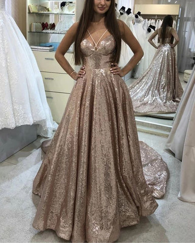 Champagne Sweetheart Halter Sequence A-Line Prom Dress, PD2303318
