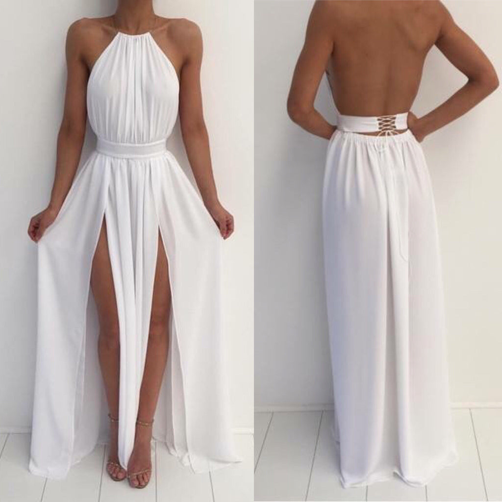 A-Line High Neck White Backless Prom Dresses, White Backless Formal Dresses, Bridesmaid Dresses, BD2303125