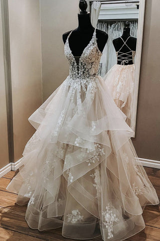 Light Champagne V-Neck Backless Lace Wedding Dress, WD23022641