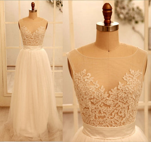 A Line Ivory Round Neck Wedding Dress with Lace, WD23022619