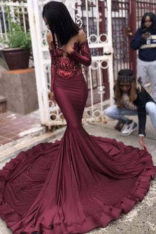 Alluring Burgundy Mermaid Prom Dress with Off-the-Shoulder Sweetheart Neckline and Long Sleeves, PD2303080