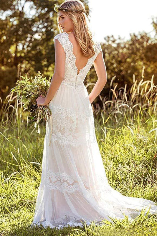 Bohemian Lace Bridal Gown with Open Back and A-Line Silhouette, WD23022697