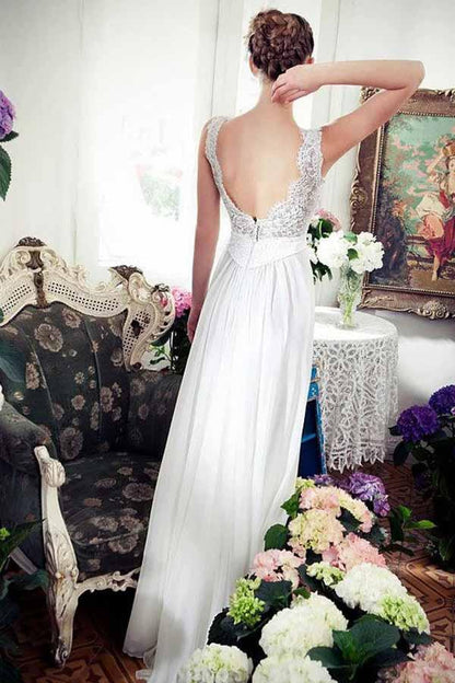 Lace Applique Chiffon A-line Beach Wedding Dress with Train, WD230223112